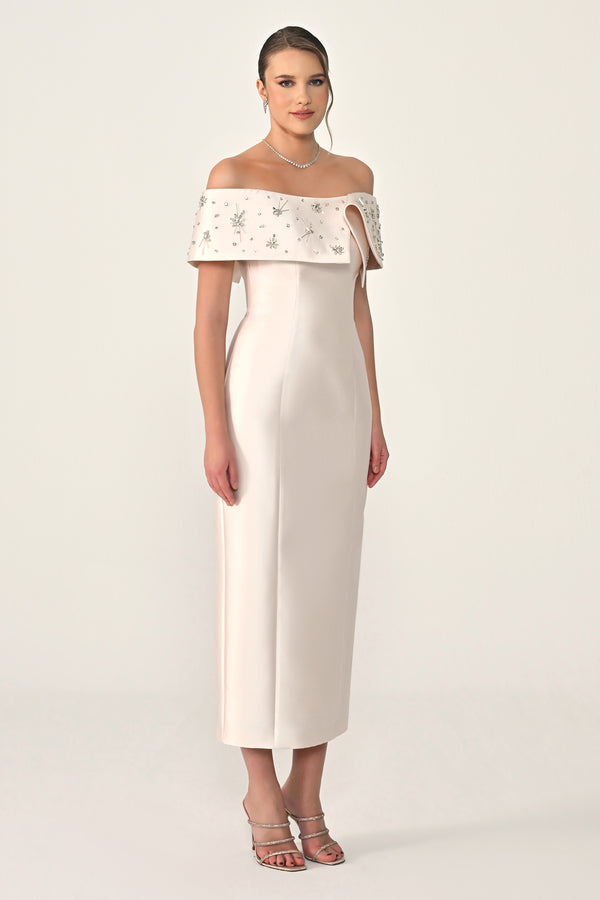 Stone-Embellished Ziberlin Fabric Midi Dress with Dropped Shoulders