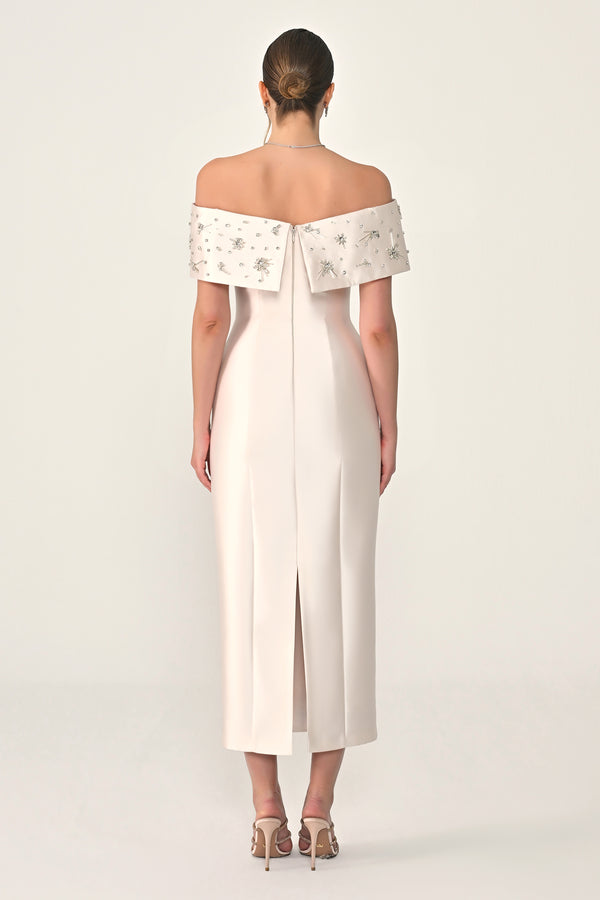 Stone-Embellished Ziberlin Fabric Midi Dress with Dropped Shoulders