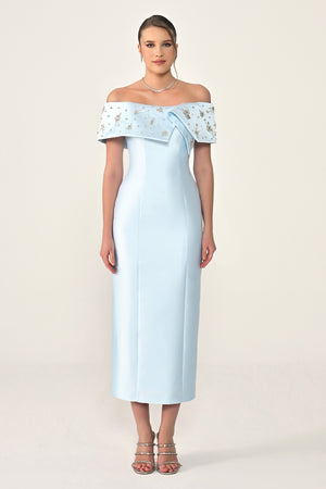 Stone-Embellished Ziberlin Fabric Midi Dress with Dropped Shoulders