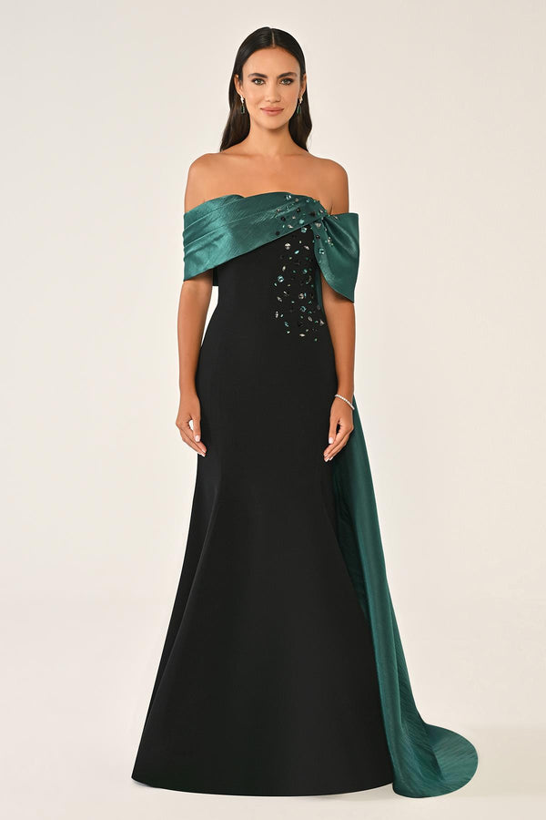 Crepe Gown with Train and Dropped Shoulder Upper Accessory