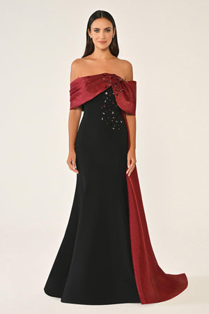 Crepe Gown with Train and Dropped Shoulder Upper Accessory