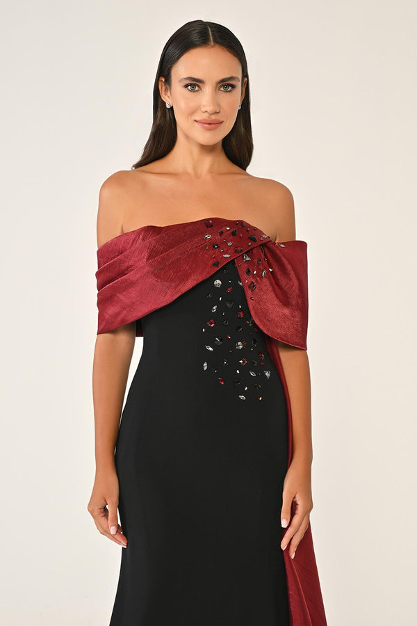 Crepe Gown with Train and Dropped Shoulder Upper Accessory