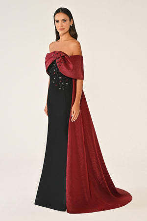 Crepe Gown with Train and Dropped Shoulder Upper Accessory