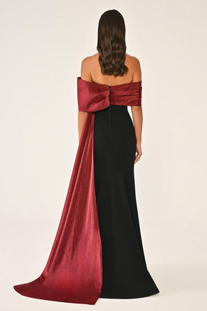Crepe Gown with Train and Dropped Shoulder Upper Accessory