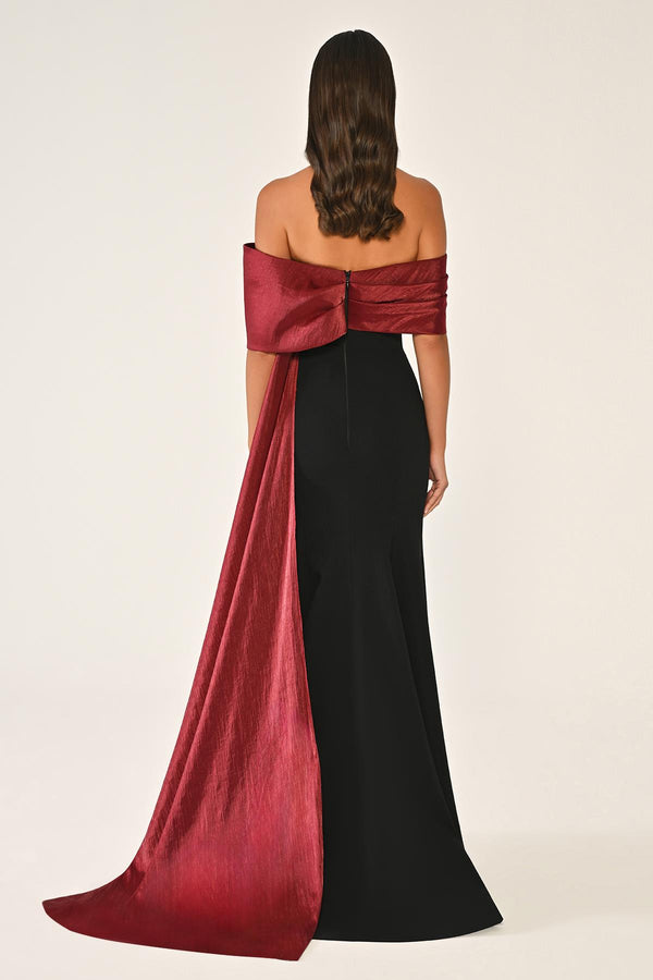 Crepe Gown with Train and Dropped Shoulder Upper Accessory