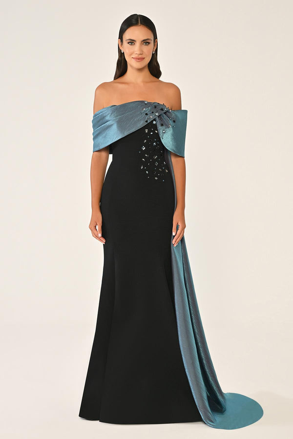 Crepe Gown with Train and Dropped Shoulder Upper Accessory