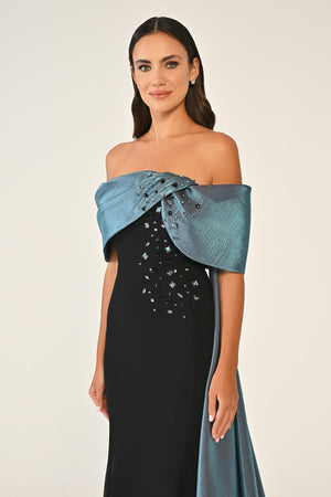 Crepe Gown with Train and Dropped Shoulder Upper Accessory