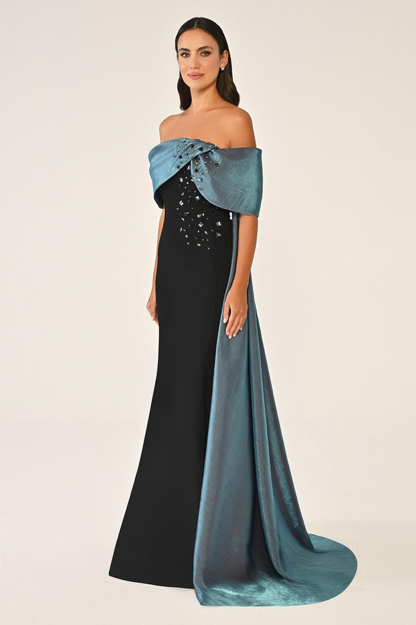 Crepe Gown with Train and Dropped Shoulder Upper Accessory