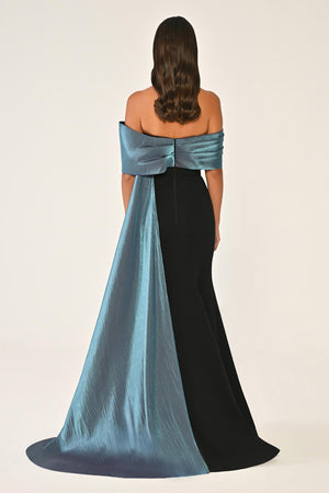 Crepe Gown with Train and Dropped Shoulder Upper Accessory