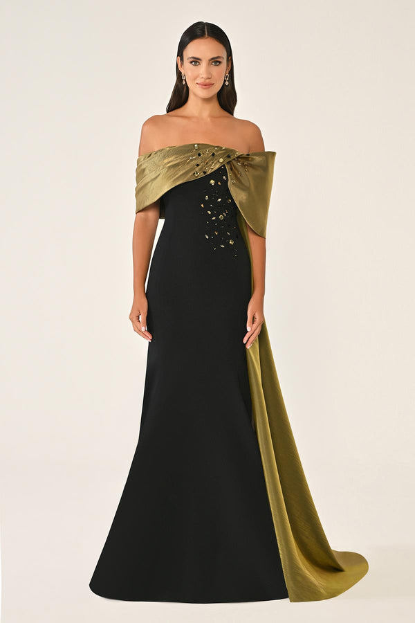 Crepe Gown with Train and Dropped Shoulder Upper Accessory