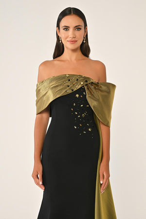 Crepe Gown with Train and Dropped Shoulder Upper Accessory
