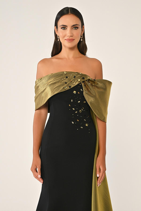 Crepe Gown with Train and Dropped Shoulder Upper Accessory