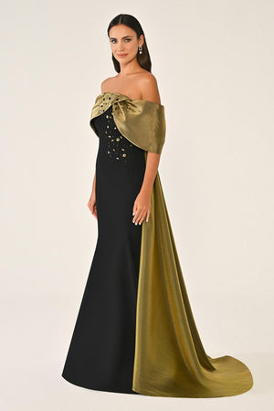 Crepe Gown with Train and Dropped Shoulder Upper Accessory