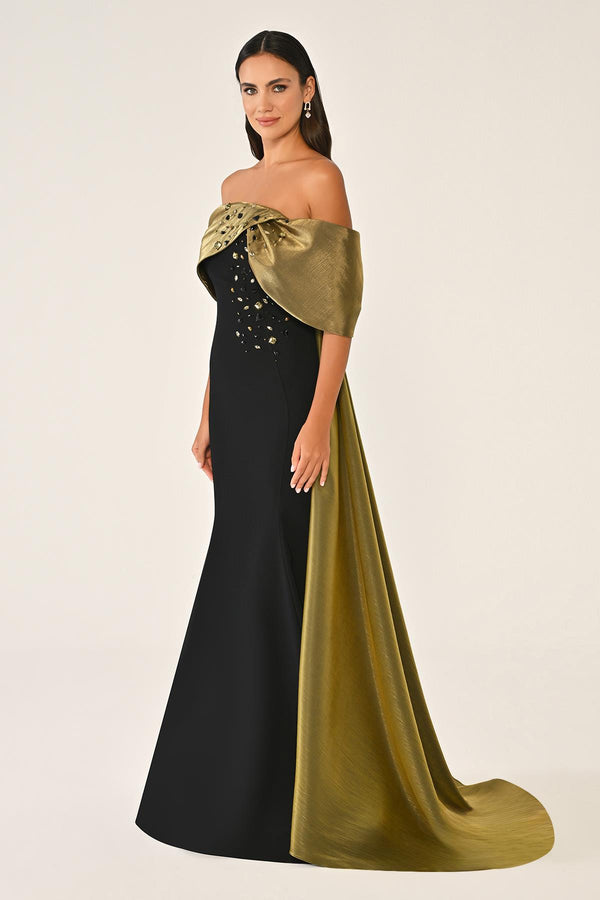 Crepe Gown with Train and Dropped Shoulder Upper Accessory