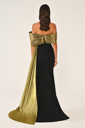 Crepe Gown with Train and Dropped Shoulder Upper Accessory