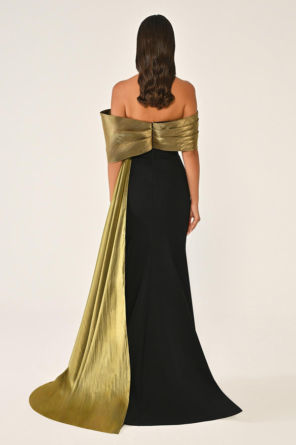 Crepe Gown with Train and Dropped Shoulder Upper Accessory