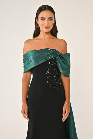 Crepe Gown with Train and Dropped Shoulder Upper Accessory