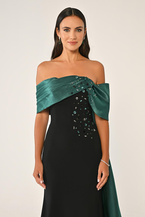 Crepe Gown with Train and Dropped Shoulder Upper Accessory
