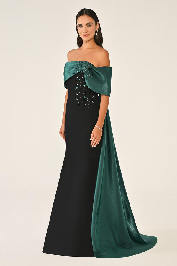 Crepe Gown with Train and Dropped Shoulder Upper Accessory
