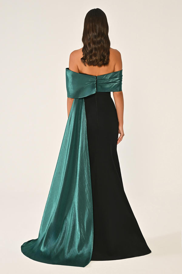 Crepe Gown with Train and Dropped Shoulder Upper Accessory