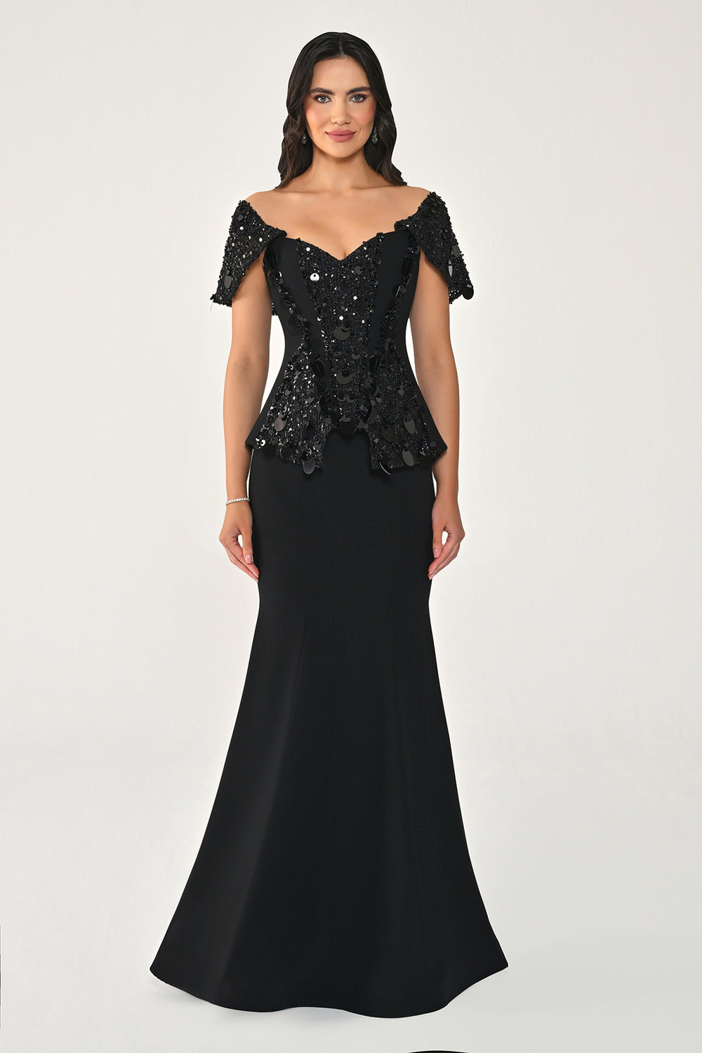 Sequin Fishtail Gown with Dropped Shoulder