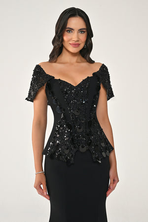 Sequin Fishtail Gown with Dropped Shoulder