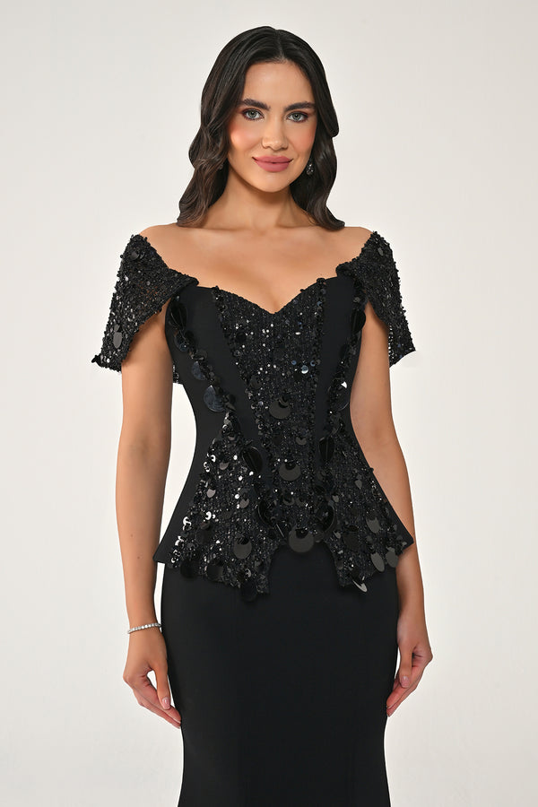Sequin Fishtail Gown with Dropped Shoulder