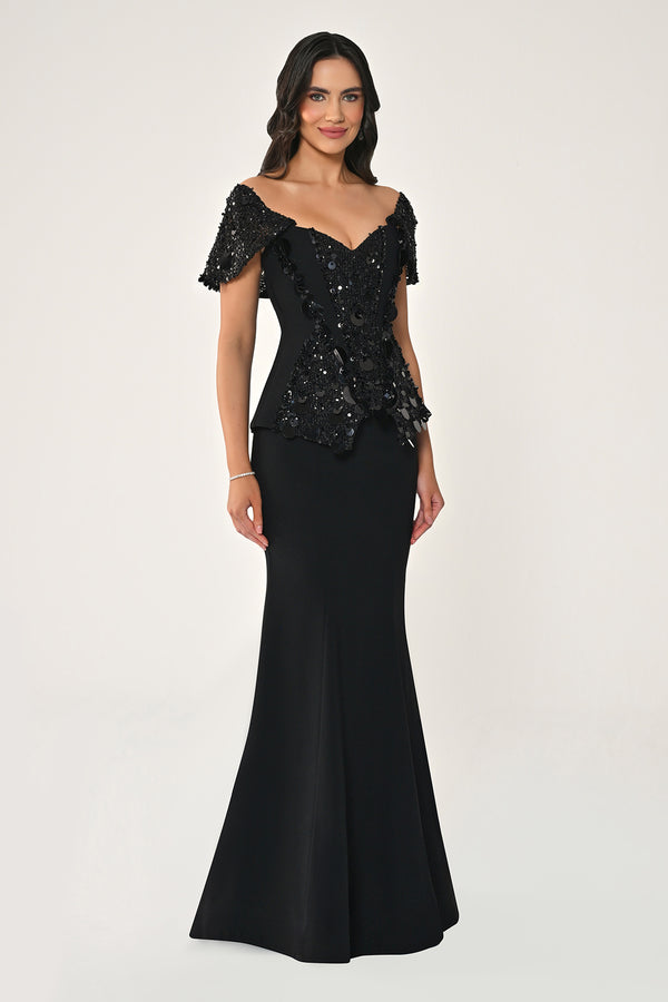 Sequin Fishtail Gown with Dropped Shoulder
