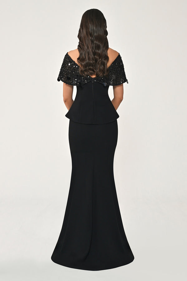 Sequin Fishtail Gown with Dropped Shoulder