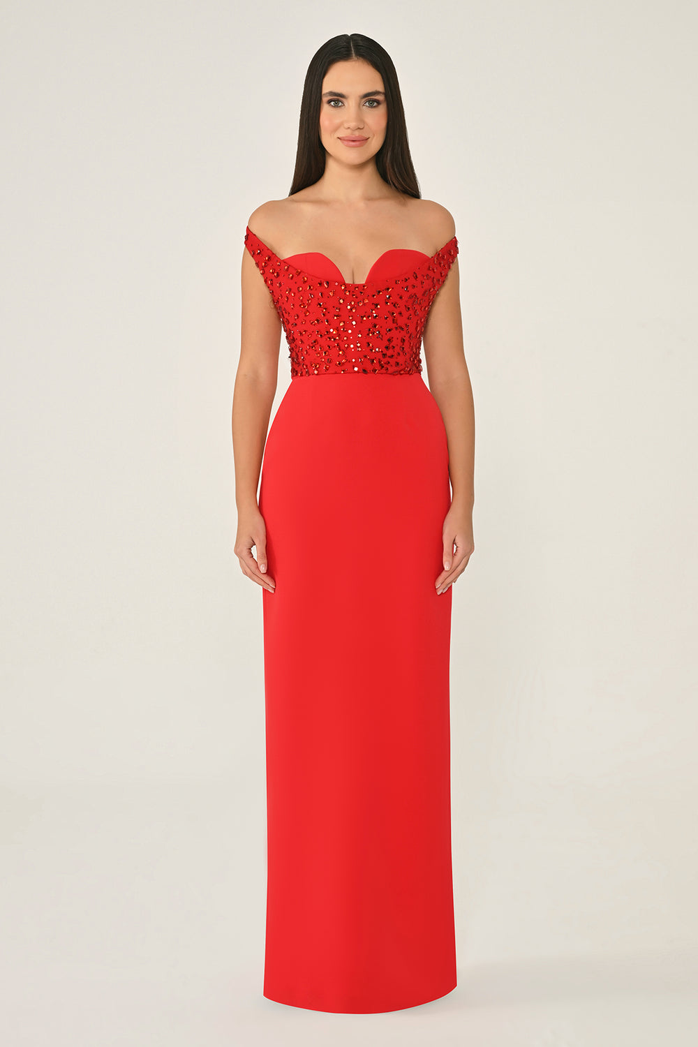 Drop Shoulder Crepe Maxi Dress with Embellishment