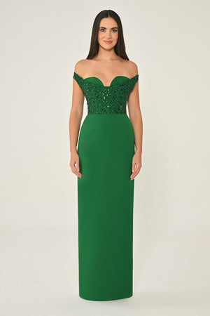 Drop Shoulder Crepe Maxi Dress with Embellishment