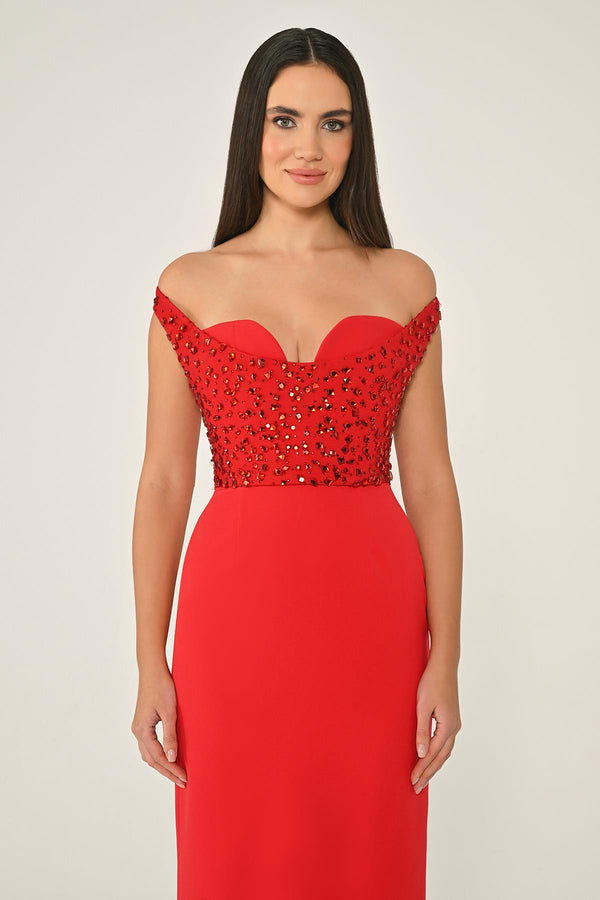 Drop Shoulder Crepe Maxi Dress with Embellishment