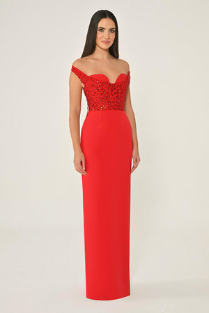 Drop Shoulder Crepe Maxi Dress with Embellishment