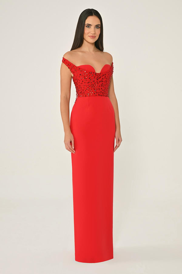 Drop Shoulder Crepe Maxi Dress with Embellishment