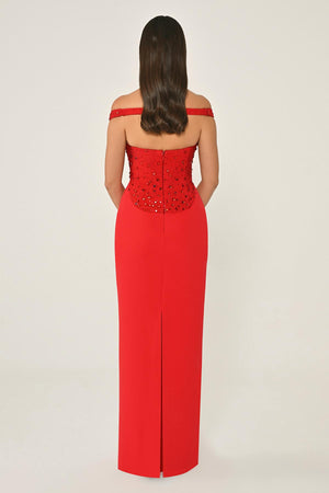 Drop Shoulder Crepe Maxi Dress with Embellishment