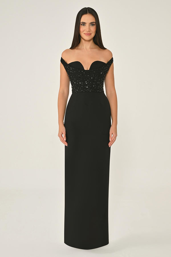 Drop Shoulder Crepe Maxi Dress with Embellishment