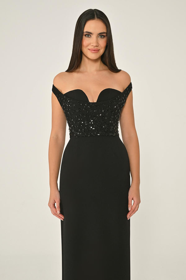 Drop Shoulder Crepe Maxi Dress with Embellishment