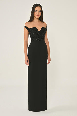 Drop Shoulder Crepe Maxi Dress with Embellishment