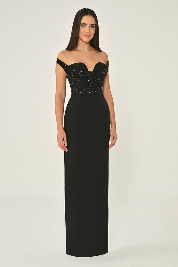 Drop Shoulder Crepe Maxi Dress with Embellishment