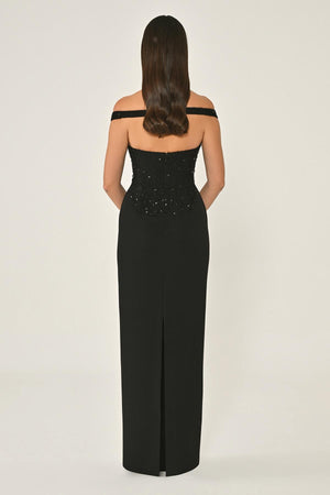Drop Shoulder Crepe Maxi Dress with Embellishment