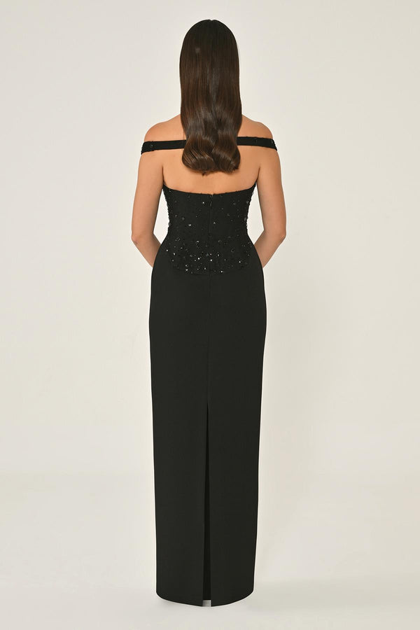 Drop Shoulder Crepe Maxi Dress with Embellishment
