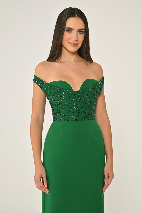 Drop Shoulder Crepe Maxi Dress with Embellishment