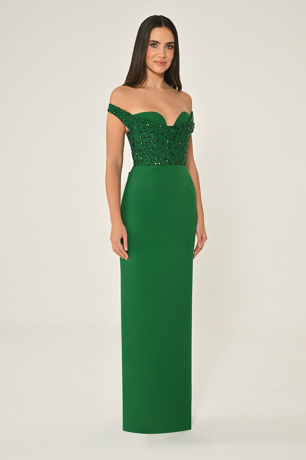 Drop Shoulder Crepe Maxi Dress with Embellishment