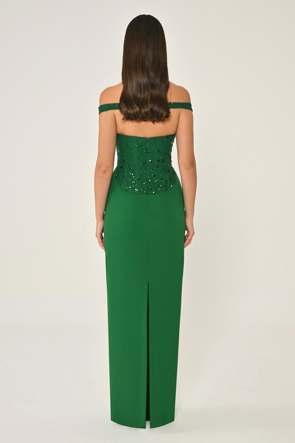 Drop Shoulder Crepe Maxi Dress with Embellishment