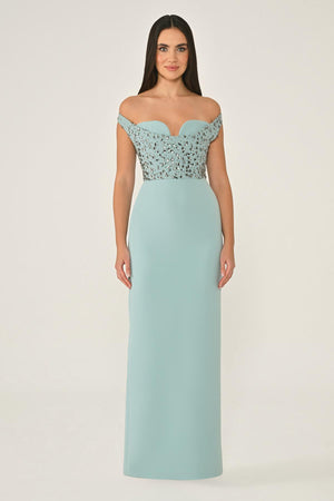 Drop Shoulder Crepe Maxi Dress with Embellishment