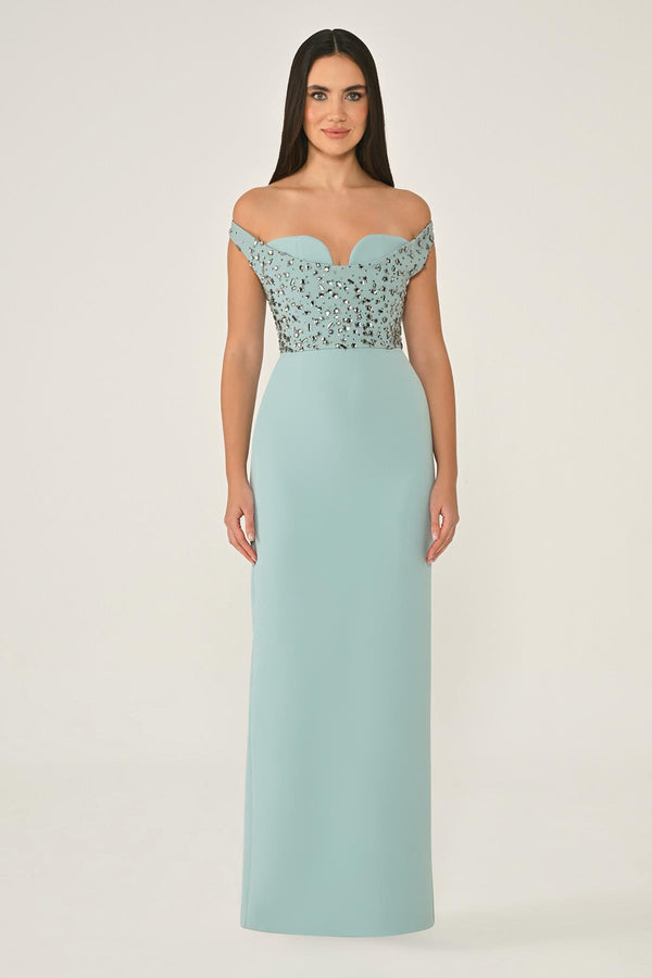 Drop Shoulder Crepe Maxi Dress with Embellishment