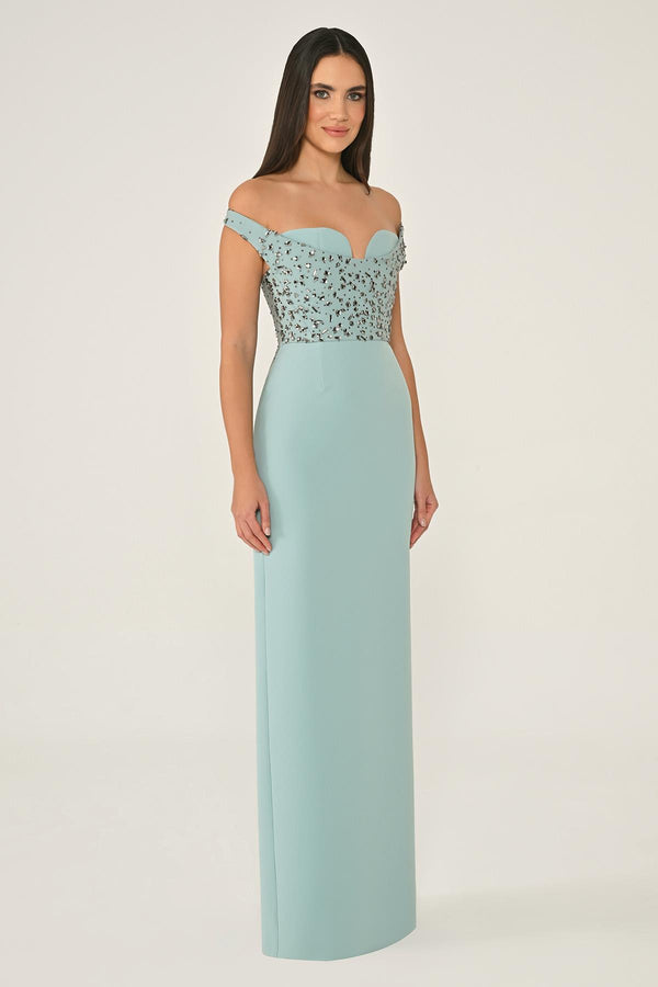 Drop Shoulder Crepe Maxi Dress with Embellishment