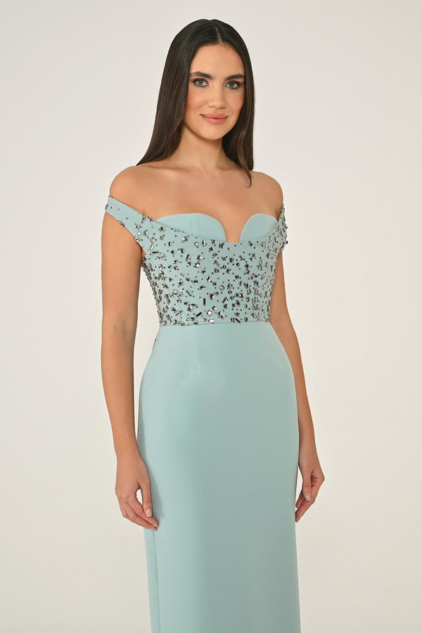 Drop Shoulder Crepe Maxi Dress with Embellishment