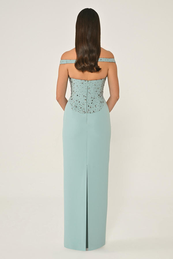 Drop Shoulder Crepe Maxi Dress with Embellishment