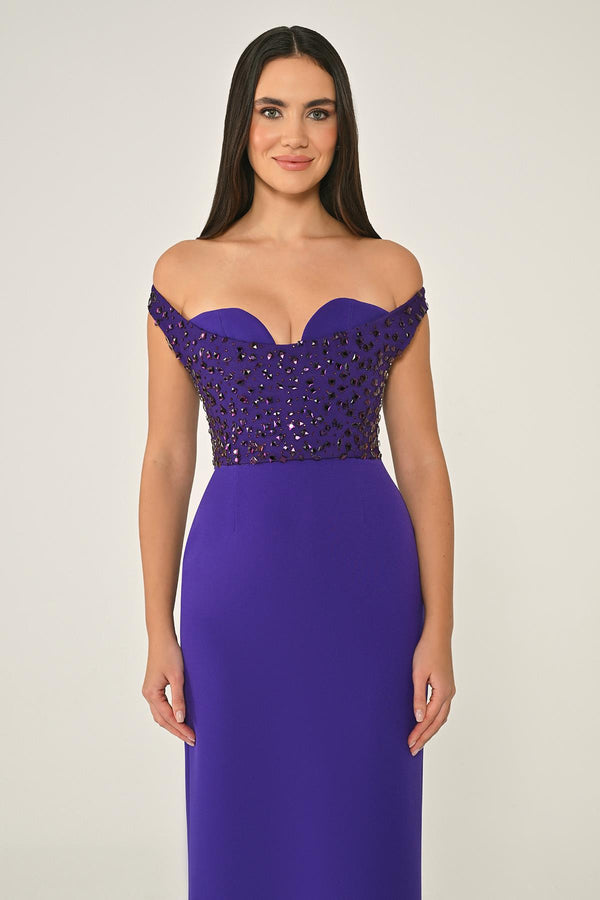 Drop Shoulder Crepe Maxi Dress with Embellishment
